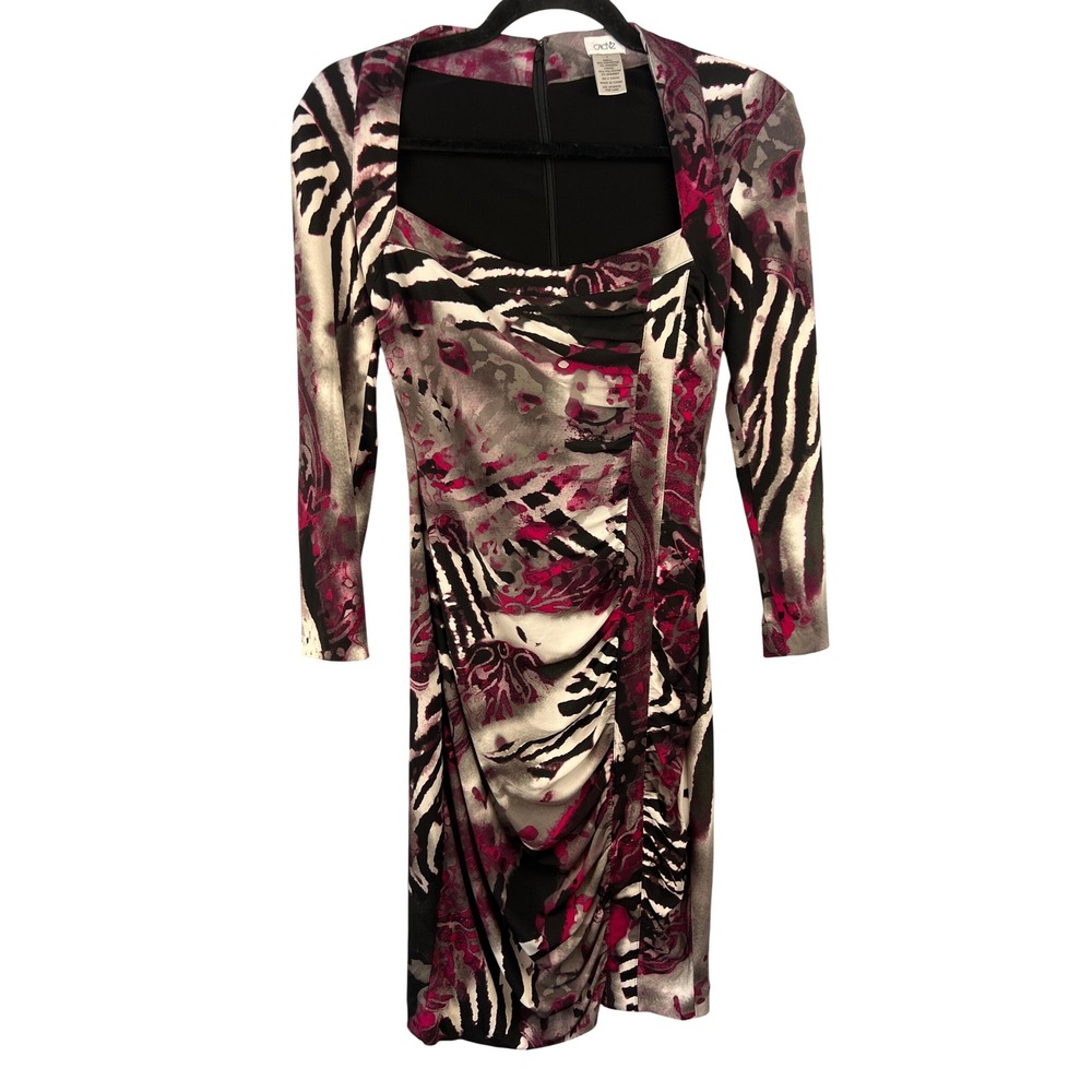 Vintage Y2K CACHÉ Pink Abstract Animal Print Long Sleeve Bodycon Dress Sz2